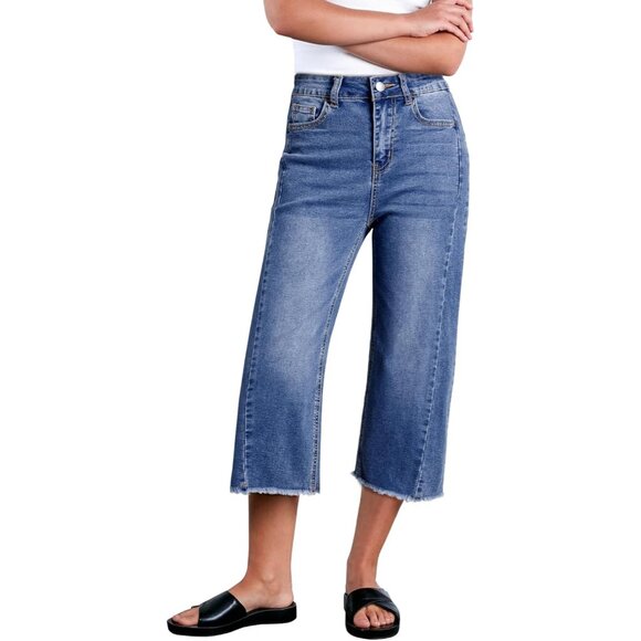 Pants - Women's High Waisted Wide Leg Capri Jeans Denim Raw Hem Side Seam Pants